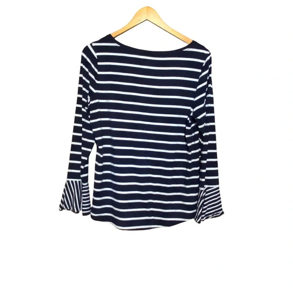Chico’s Navy Blue White Striped Mini Bell Sleeve Long Sleeve Size 1 ( Medium) - Picture 2 of 6